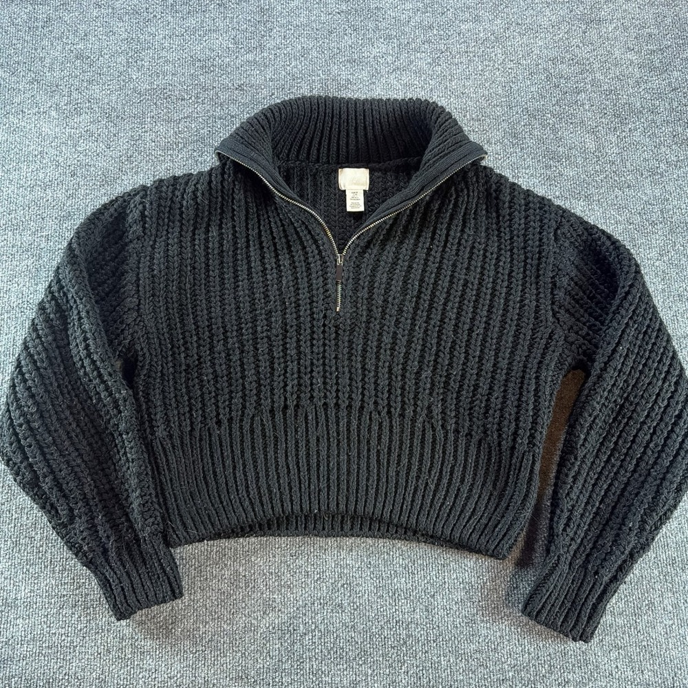 H&M Womens Black Ribbed Quarter Zip Cropped Chunky Knit Sweater XS Fall Cozy